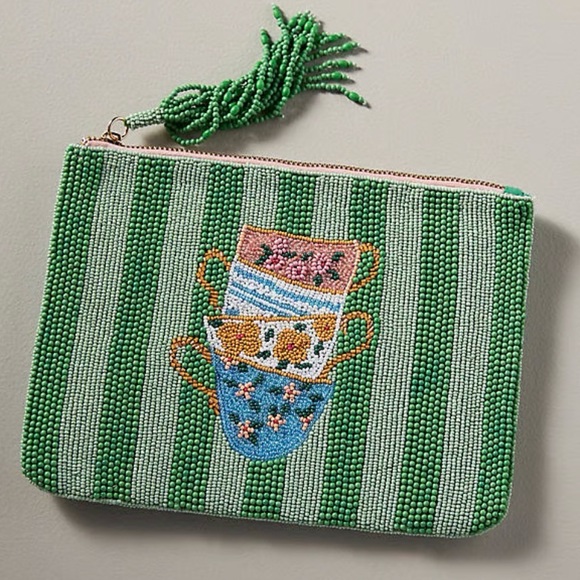 Anthropologie The Fiona Beaded Pouch Tea Cup Large Zip Closure Perfect Host Gift - Picture 2 of 11
